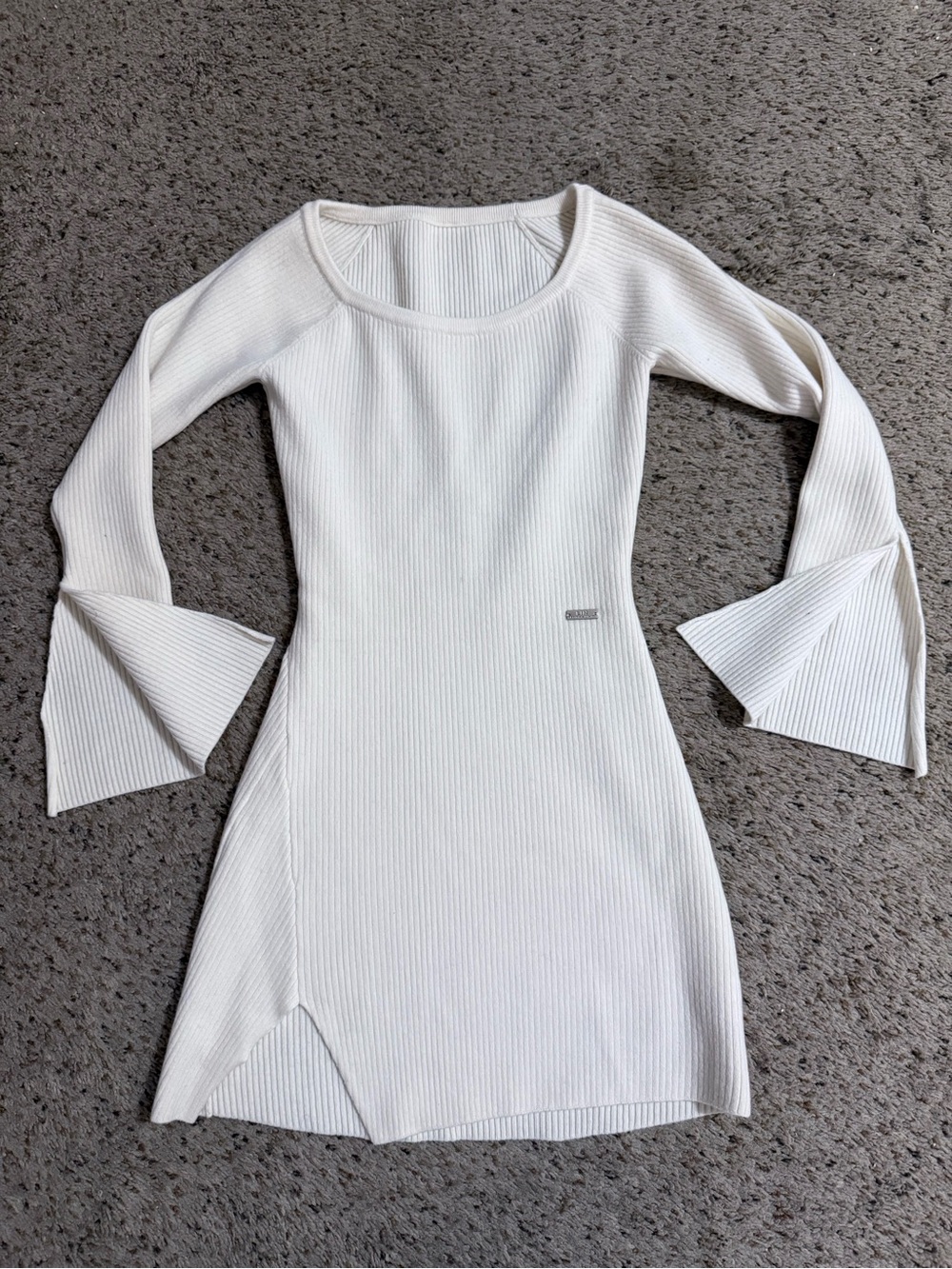 White Ribbed Knit Mini Dress with Flare Sleeves